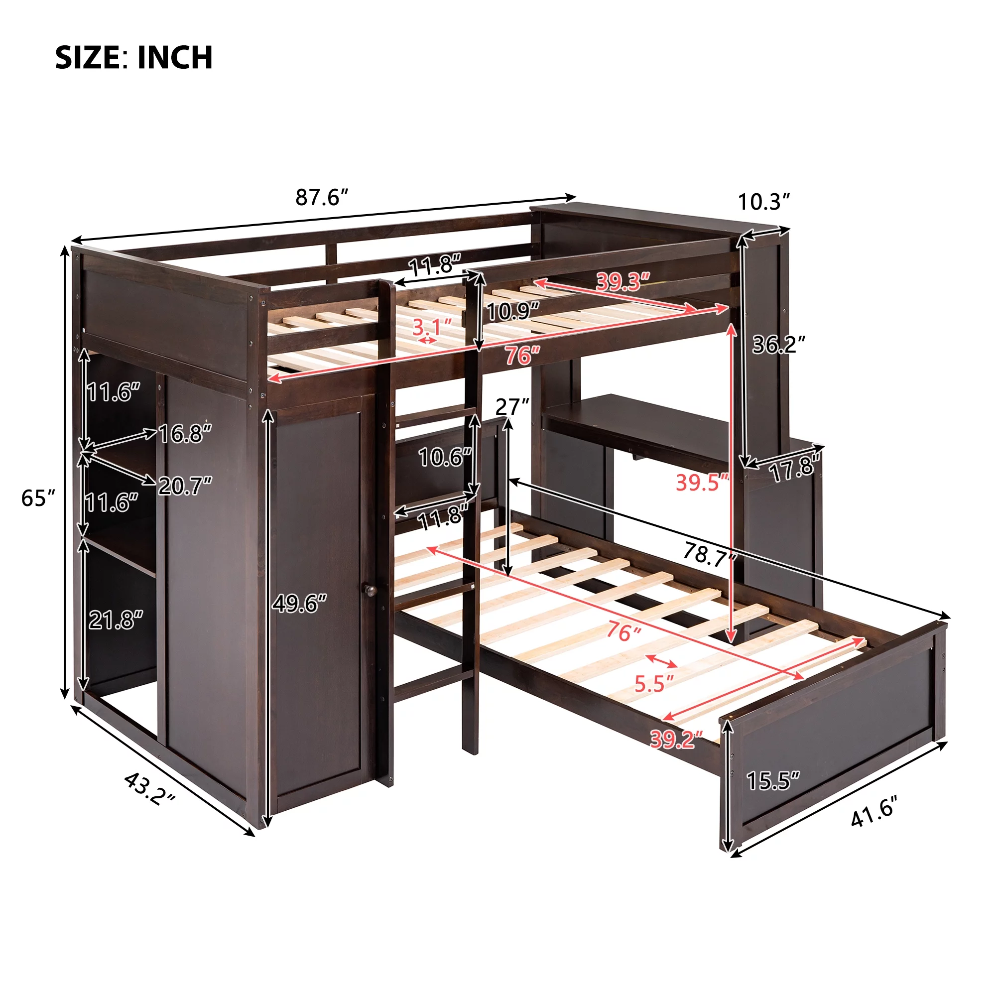 Twin Size Solid Wood Loft Bed with a Stand-alone bed, Shelves, Desk, and Wardrobe, Multifunctional Loft Bed with Ladder, Shelves, Wooden Loft Bed