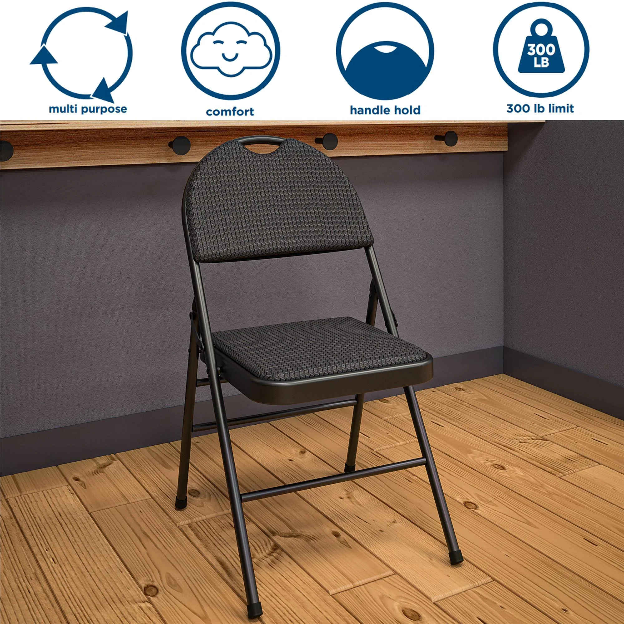 COSCO Commercial XL Comfort Fabric Padded Metal Folding Chair, Triple Braced, Black, 4-Pack
