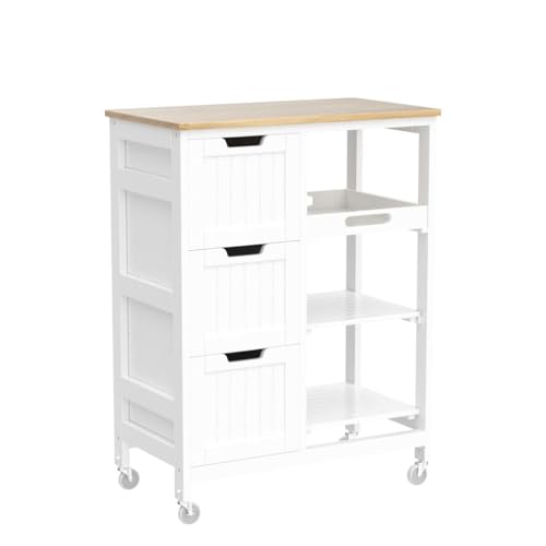 Yaheetech Kitchen Island Cart on Wheels with Bamboo Countertop, Rolling Serving Utility Trolley Cart with 3 Drawers