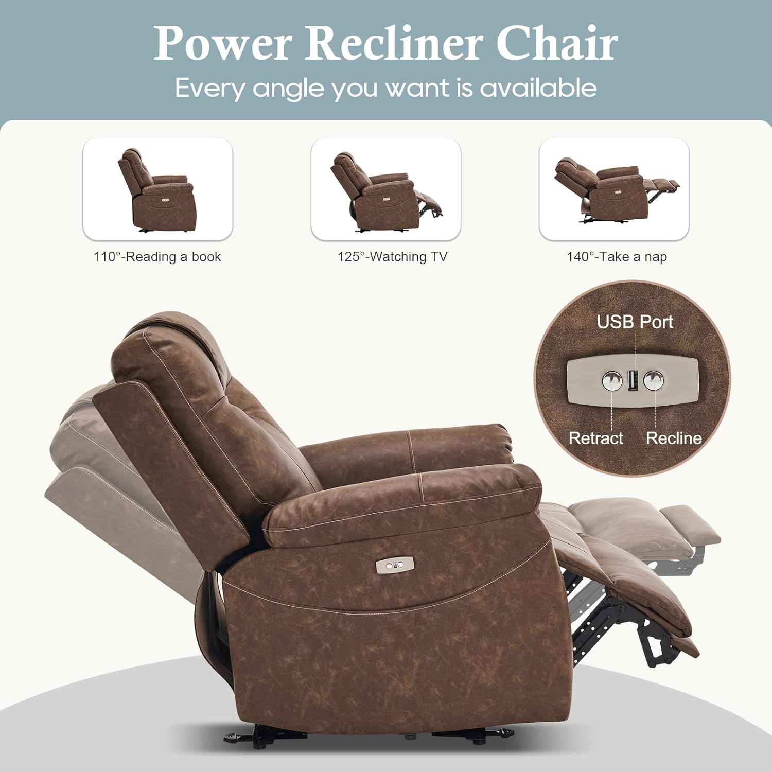 Electric Recliner with Heat & Massage, Leather Recliner Chair with Extended Footrest, Wall Hugger Recliners