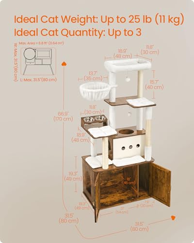 Feandrea Cat Tree, 66.9-Inch Cat Tower with Litter Box Enclosure, Large Cat Condo with Food Station, Storage, Scratching Posts, Cat Cave, Hammock