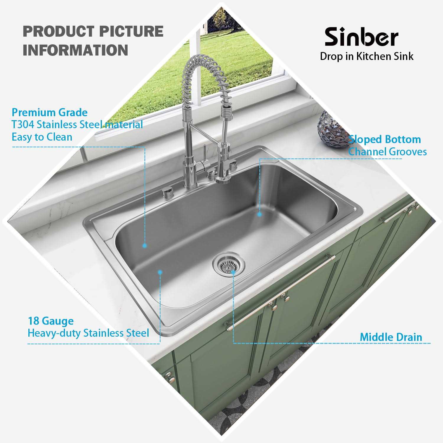 Sinber MT3322CW 33 x 22 Drop In Single Bowl Kitchen Sink with 18 Gauge 304 Stainless Steel Satin Finish - Shop Hardware Tools Online Store