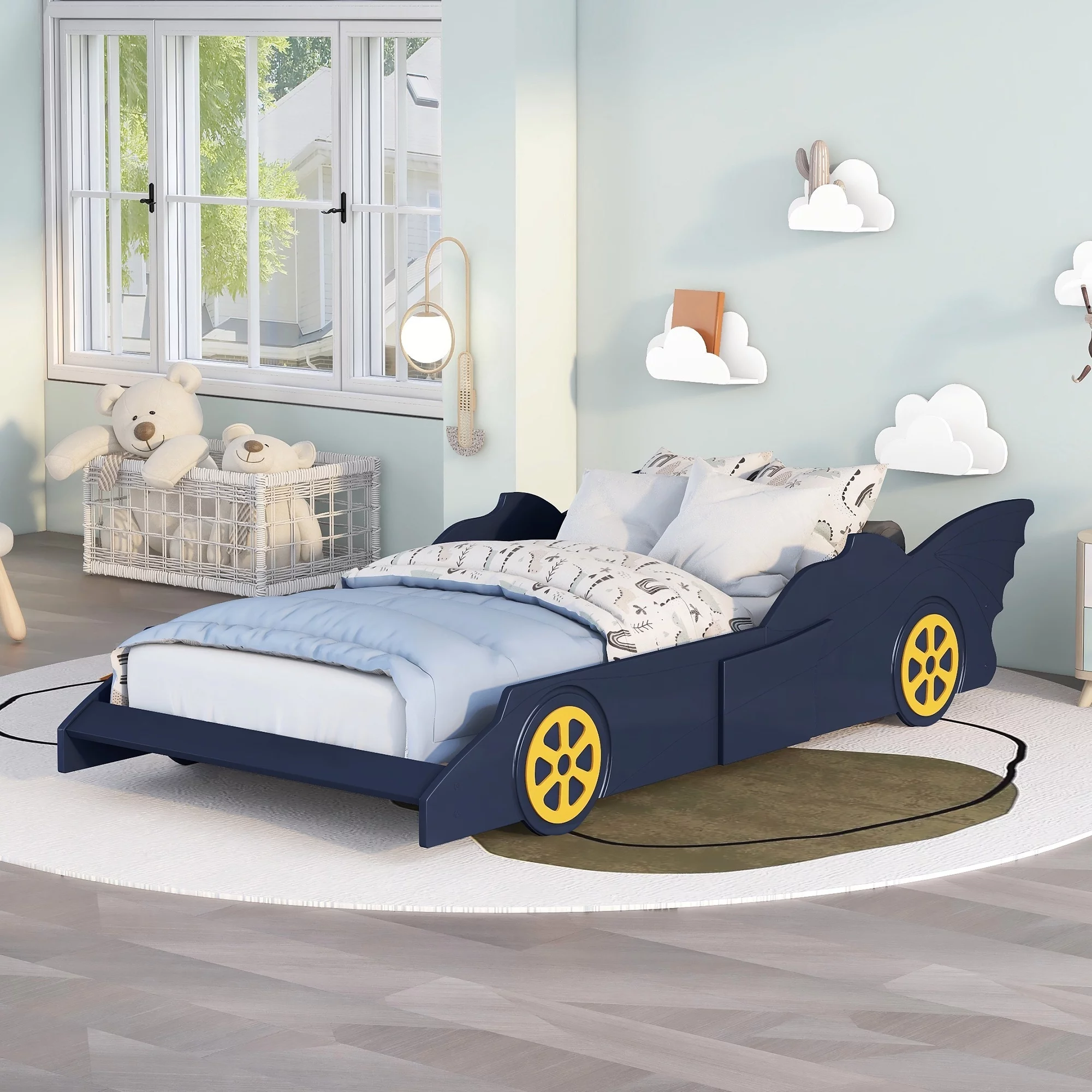 iRerts Race Car Shaped Twin Bed Frame, Wood Twin Platform Bed Frame for Kids Toddlers, Children Twin Size Platform Bed with Wheels, Wooden Slats