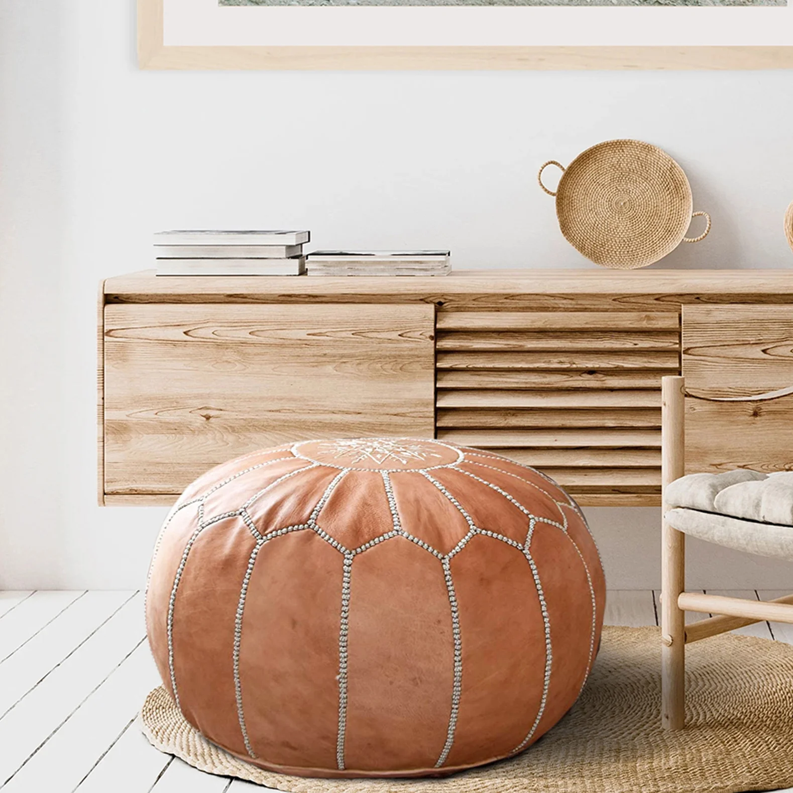 Pre-filled Genuine Leather Moroccan Ottoman, Handmade Leather Pouf Footstool, Natural Tan Brown