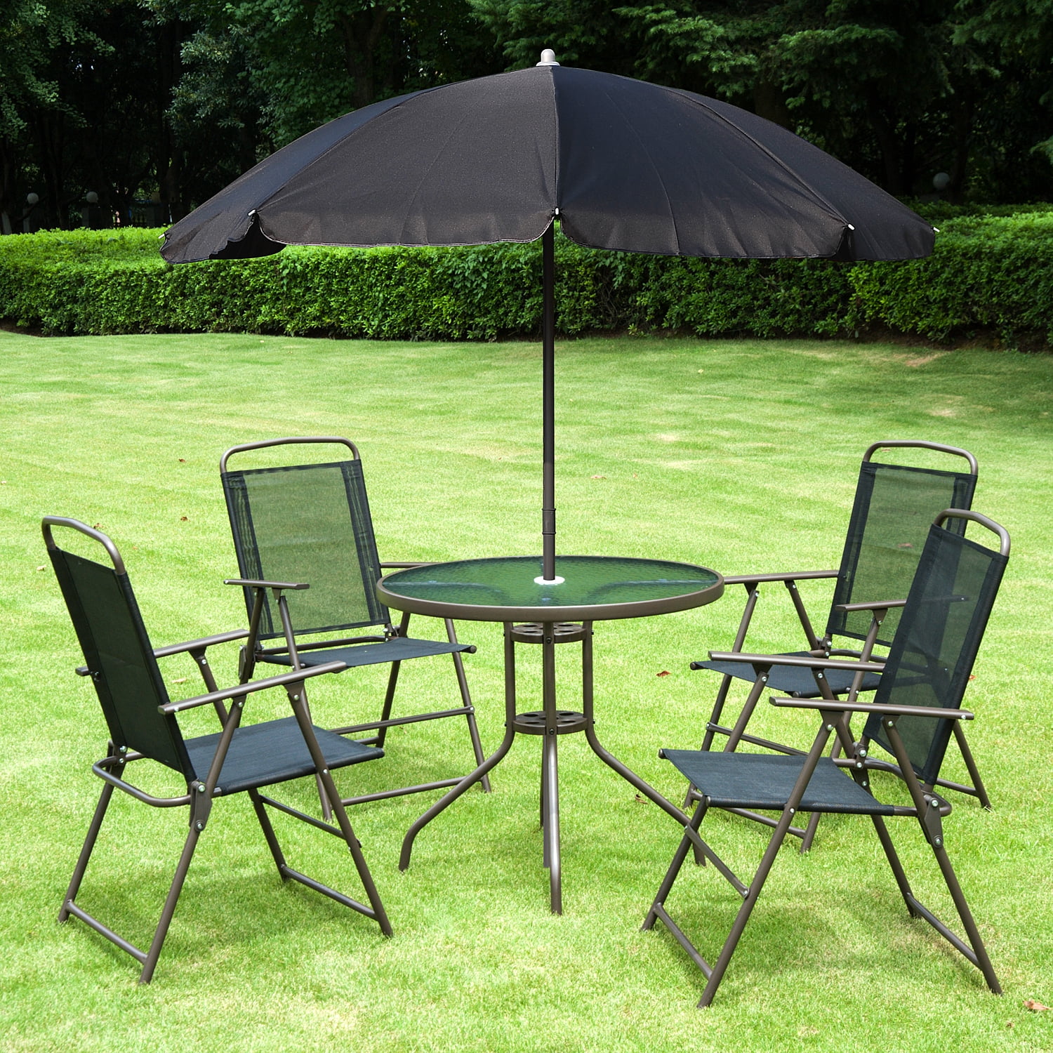 Outsunny 6 Piece Patio Dining Set for 4 with Umbrella, Outdoor Table and Chairs with 4 Folding Dining Chairs & Round Glass Table for Garden