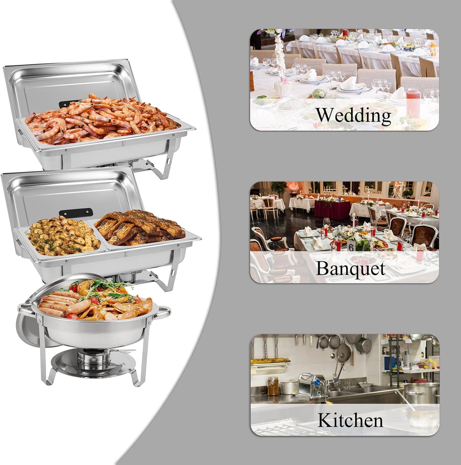 Restlrious Chafing Dish Buffet Set Stainless Steel 5QT Round & 8QT Rectangle Foldable Chafers & Buffet Warmers Set, w/Full & Half Size Food Pan