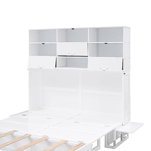 Ball & Cast Queen Size Murphy Bed,Murphy Bed Cabinet W/ 2 Five-Layer Cabinet,Hideaway Wall Bed W/LED Lights,Wood Hidden Bed Frame for Guest Room