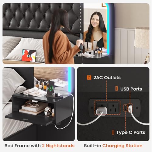 Itaar Queen Bed Frame with 53" Tall Headboard and 4 Storage Drawers, PU Leather Upholstered Platform Bed Frame, Built in Charging Station & Led