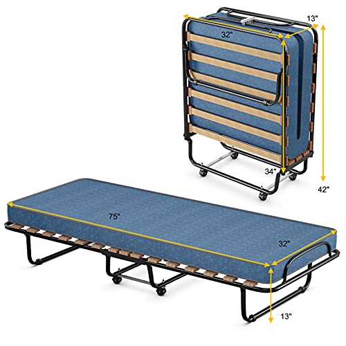 Giantex Folding Bed with 3" Mattress for Adults, Made in Italy, Rolling Foldaway Guest Bed, Memory Foam Mattress, Sturdy Metal Frame