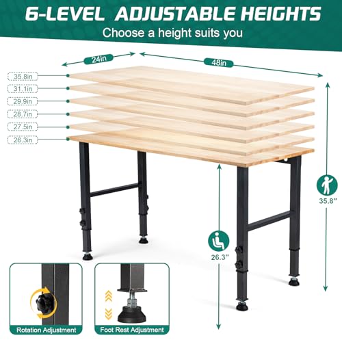 48 "Adjustable Workbench with Power Outlet, Heavy Duty 2000 LBS Load Capacity Hardwood Workbench Suitable for Workshop, Office, Garage, Home