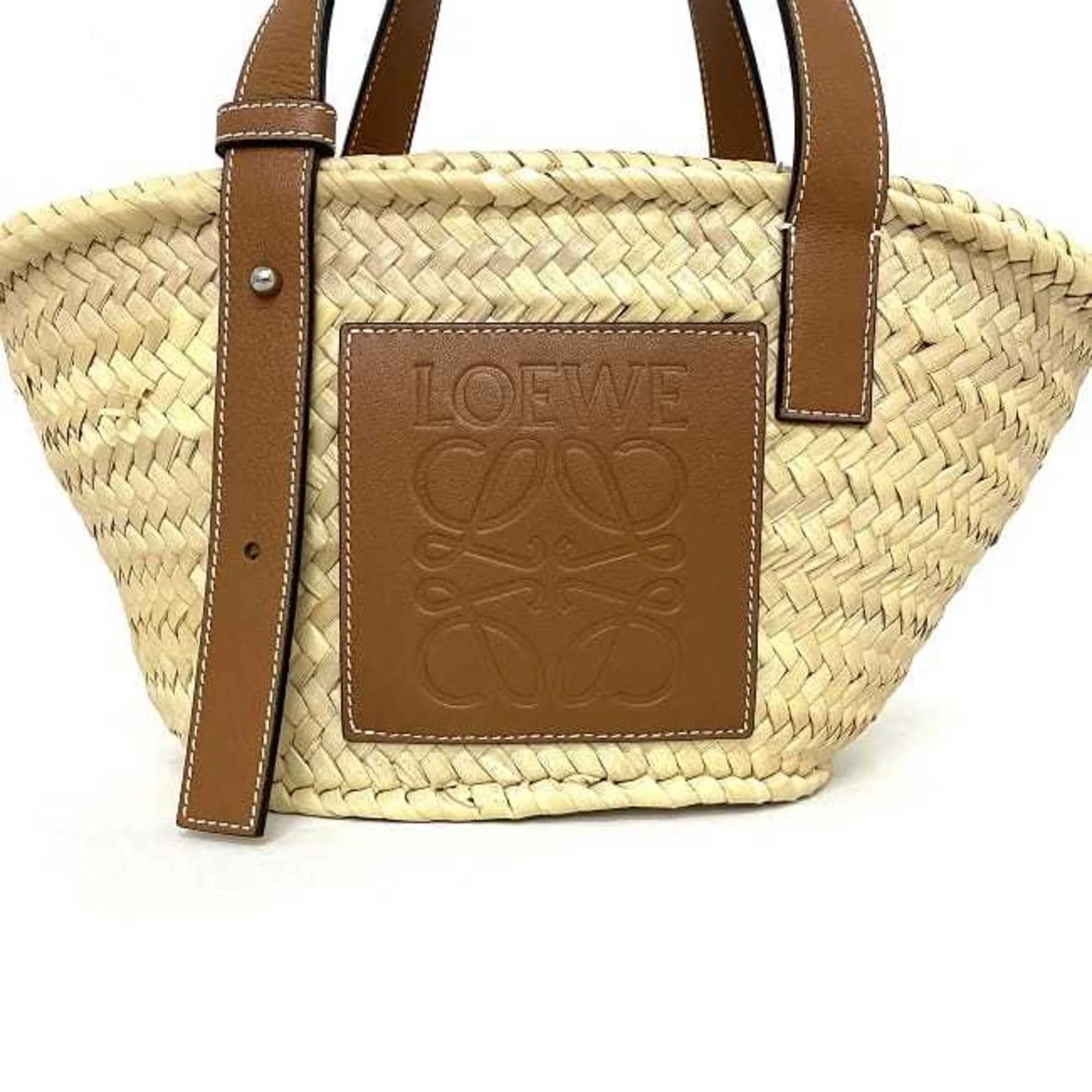 Pre-Owned Loewe Basket Bag Beige Brown Anagram 327.02.S93 Tote Palm Leaf Calf Leather LOEWE Straw Handbag (Good)
