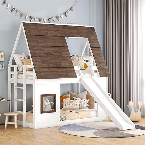 Twin-Over-Twin House Bunk Bed with Storage, Wooden Bunk Beds Frame with Staircase Compatible with, Teens, No Box Spring Needed(Gray+White) ，Queen Bed