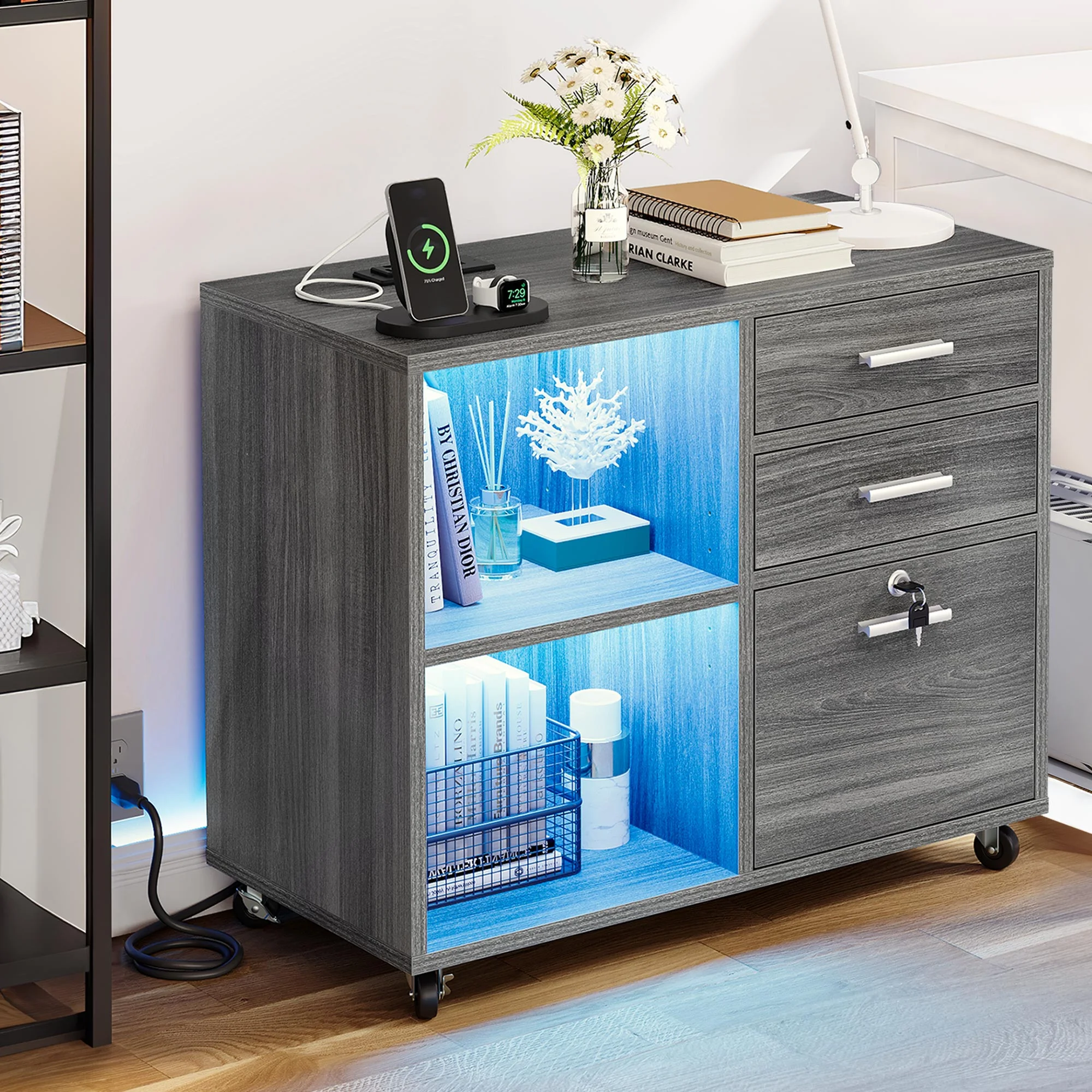 Dextrus 3 Drawer File Cabinet with Charging Station& Lock& LED Light, Mobile Lateral Filing Cabinet Rolling Printer Stand for Office,Black