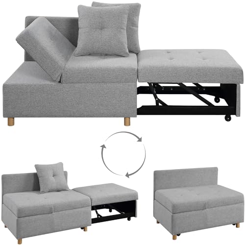 Pull Out Sleeper Sofa Bed Chair 4-in-1 Convertible Chair Bed, Linen Fabric loveseat Sofa with 2 Throw Pillow