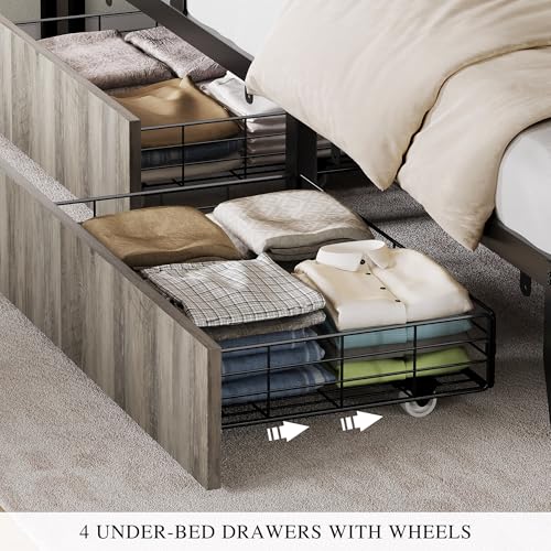 YITAHOME Queen Size Bed Frame with RGB LED Lights and 4 Drawers, Upholstered Platform Bed with Charging Station and Storage Headboard