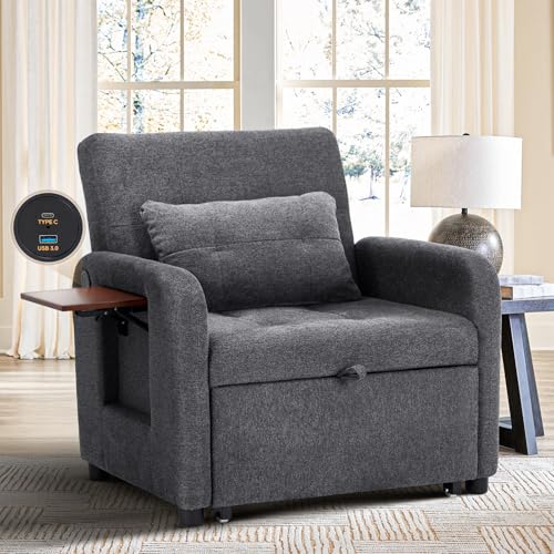 COLAMY Convertible Sleeper Chair-Fabric Futon Sofa Bed, Single Sleeper Sofa, Small Couch Bed with USB Port, Foldable Table, Pillow