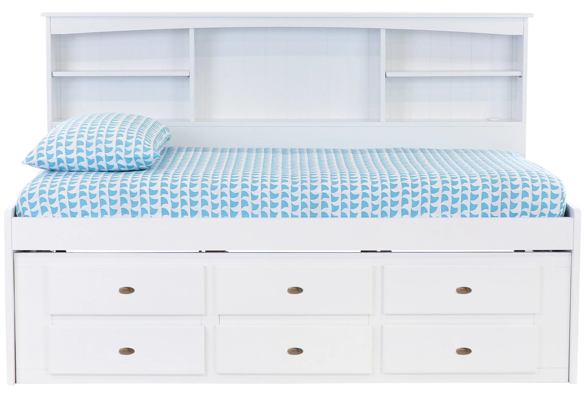 Discovery World Furniture - Twin Size Bed Frame with Side Headboard Bookcase Captain Day Bed with 6 Drawers, Twin Size Bed with Storage, White