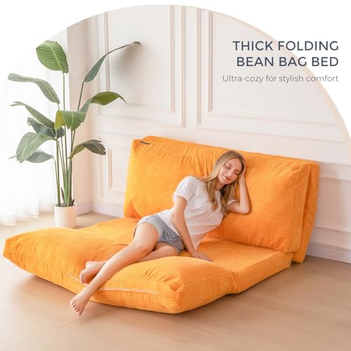 MAXYOYO Bean Bag Bed Folding Sofa Bed Floor Mattress for Adults, Extra Thick and Long Floor Sofa with Corded Washable Cover, Dark Grey, 30x95 Inch