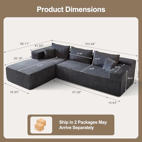 104" Sectional Couches for Living Room, Modular Sectional Sofa with Deep Seat, L-Shape Couch with Chaise, Cloud Couch for Living Room Bedroom