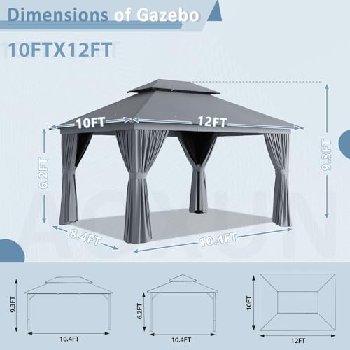 Aoxun 10'x12' Outdoor Patio Gazebo, Heavy Duty Party Tent with Wind-Resistant Ropes