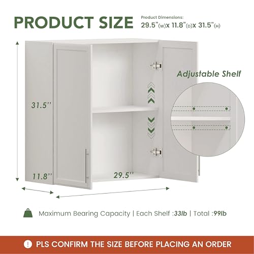 Wall Storage Cabinet - Kitchen Laundry Wall Amount Cabinet with Two Shaker Doors and Shelf, in Grey, 24'Wx2 Pcs