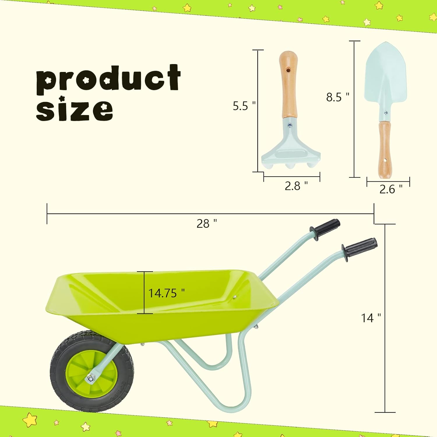 STBoo Kids Wheelbarrow Gardening Tools Set, Metal Child Wheel Barrel with Hand Rake, Shovel, Mini Garden Carts Outdoor Play Yard Work