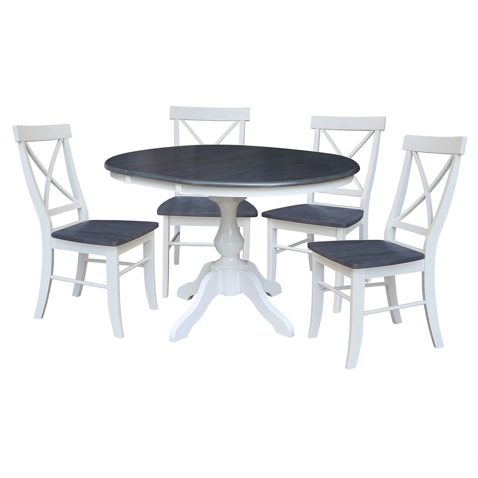36 in Round Wood Extension Dining Table with 4 Chairs in White and Heather Gray
