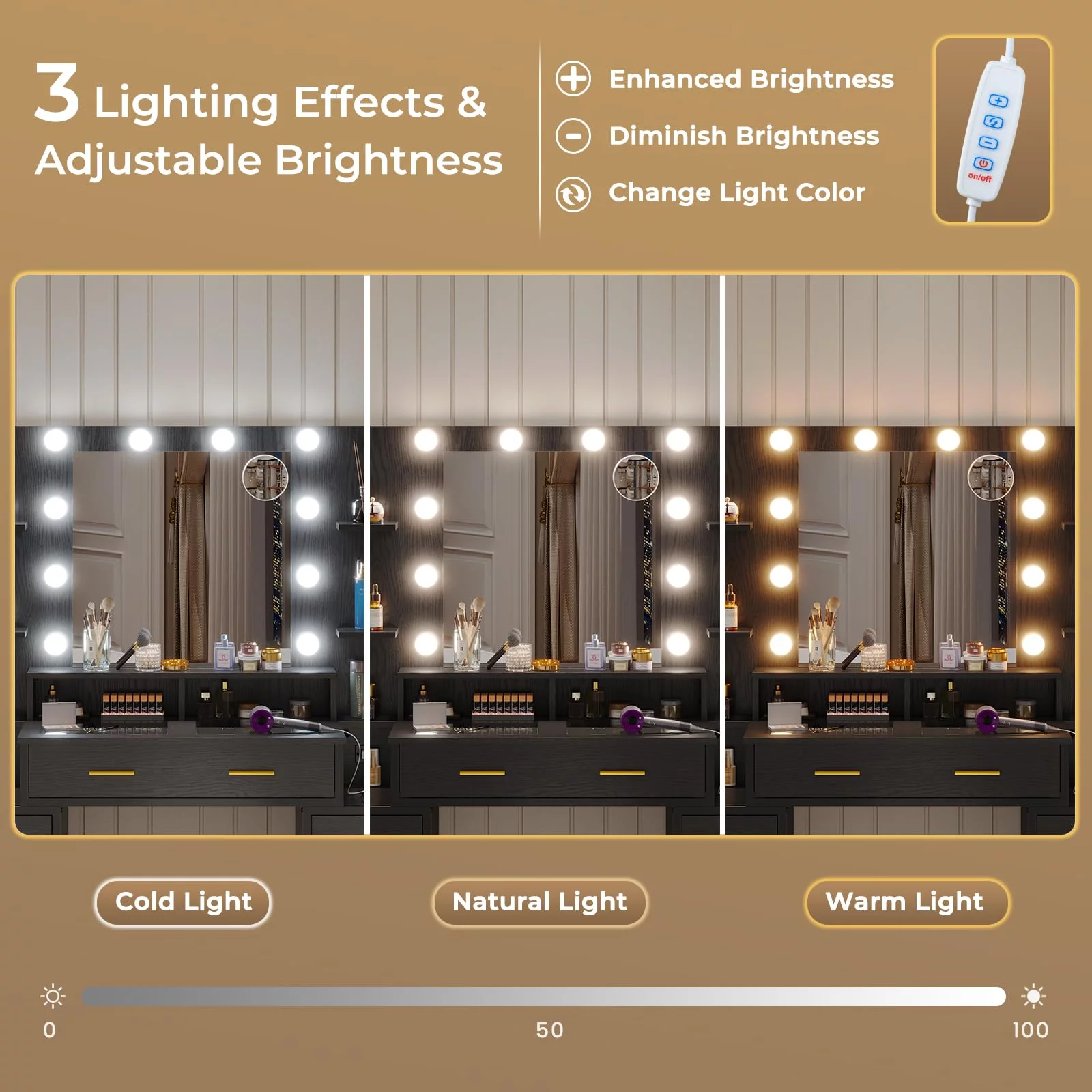 Vanity Desk with Mirror and Lights & Glass Top,Makeup Vanity with Lights & Charging Station,10x Magnifying Mirror