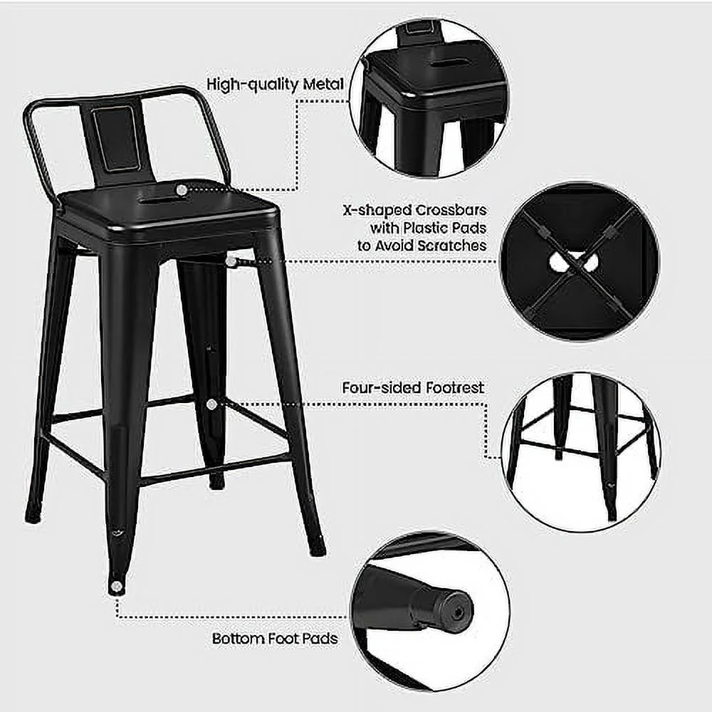 NLTBONNIE 26 inch Metal  Stools Set of 4 Counter Height Barstools with Low Back Indoor Outdoor Kitchen Stools Modern Industrial  Chairs Matte Black