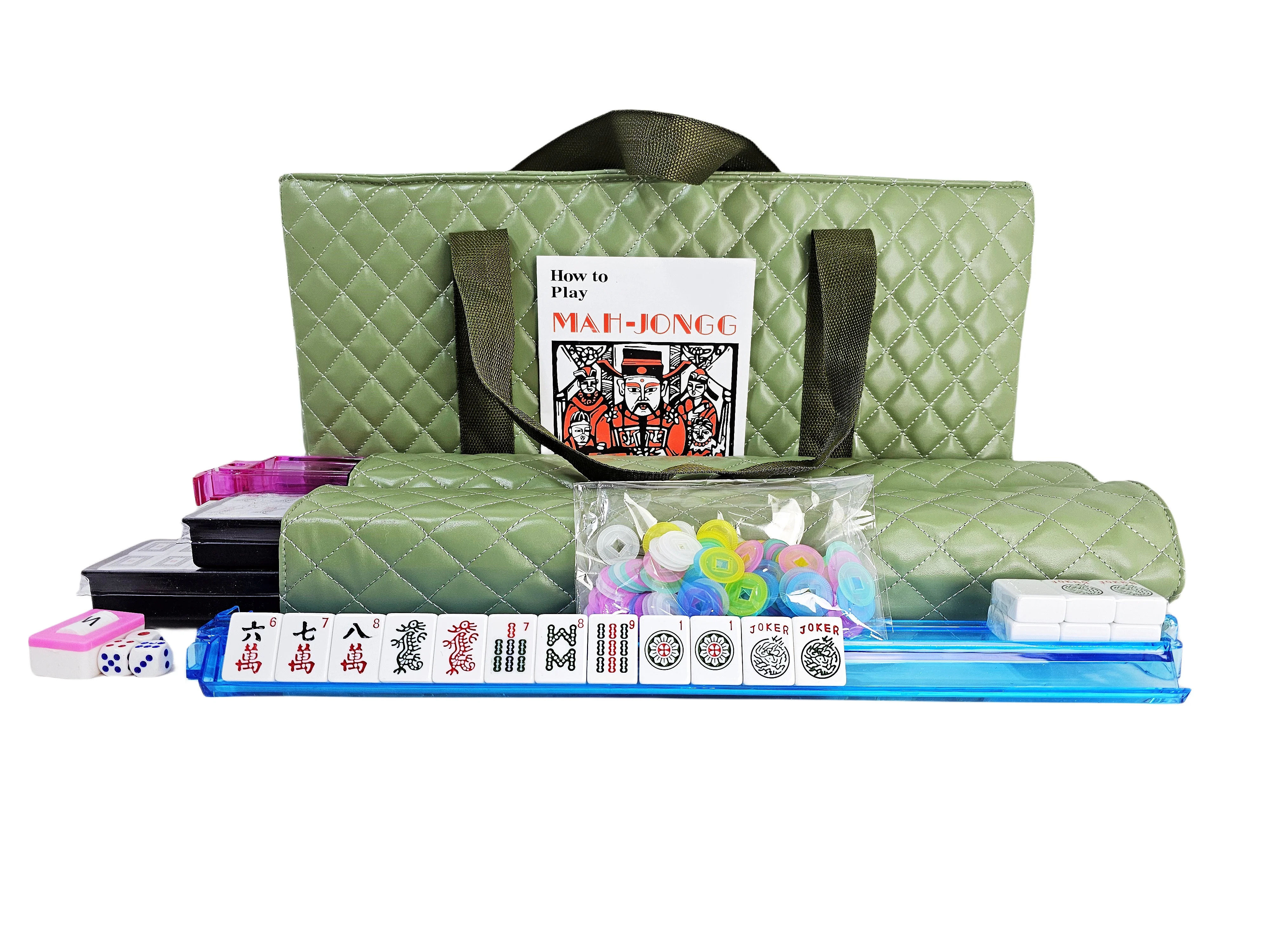 C&H Solutions American Mahjong Set,Mahjong Tiles Set,Green PU Carrying Bag,166 Premium Tiles,4 All-in-One Rack/Pushers