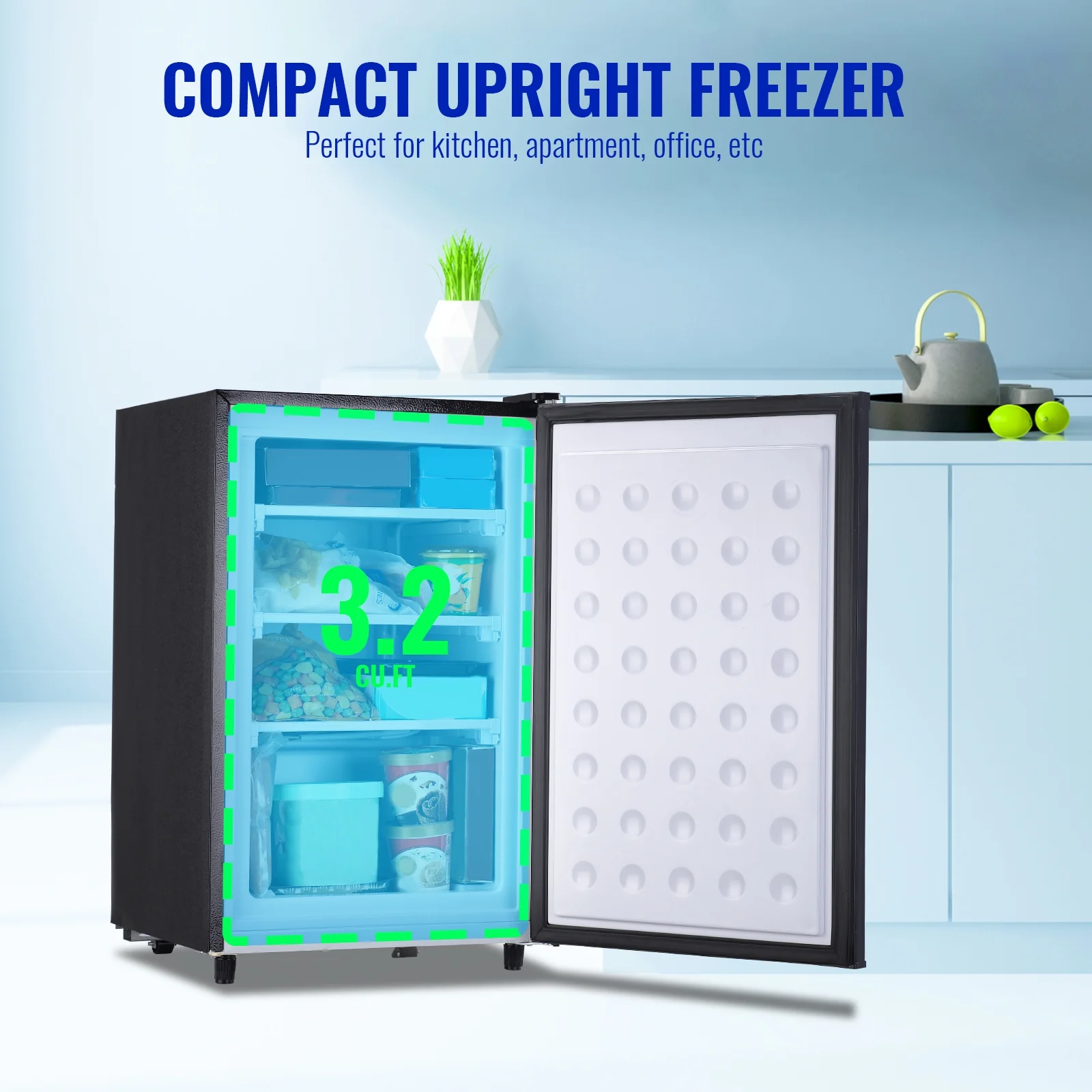DEMULLER Single Door Compact Freezer with 7 Adjustable Temp Control, Black 3.2 Cu.ft Upright Freezer
