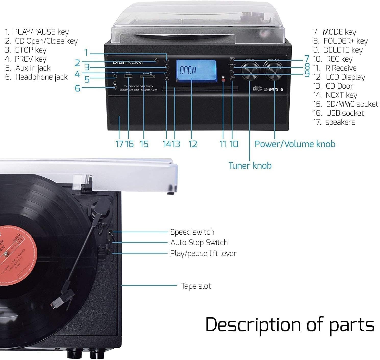 DIGITNOW Bluetooth Record Player Turntable with Stereo Speaker, LP Vinyl to MP3 Converter with CD, Cassette, Radio, Aux in and USB/SD Encoding