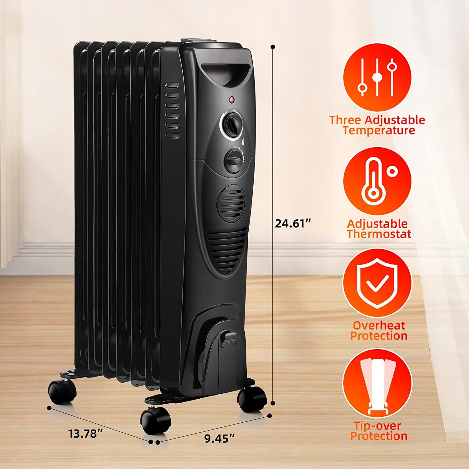 1500W Oil Filled Radiator Heater, Portable Electric Heater with 3 Heat Settings, Adjustable Thermostat, Overheat & Tip-Over Protection