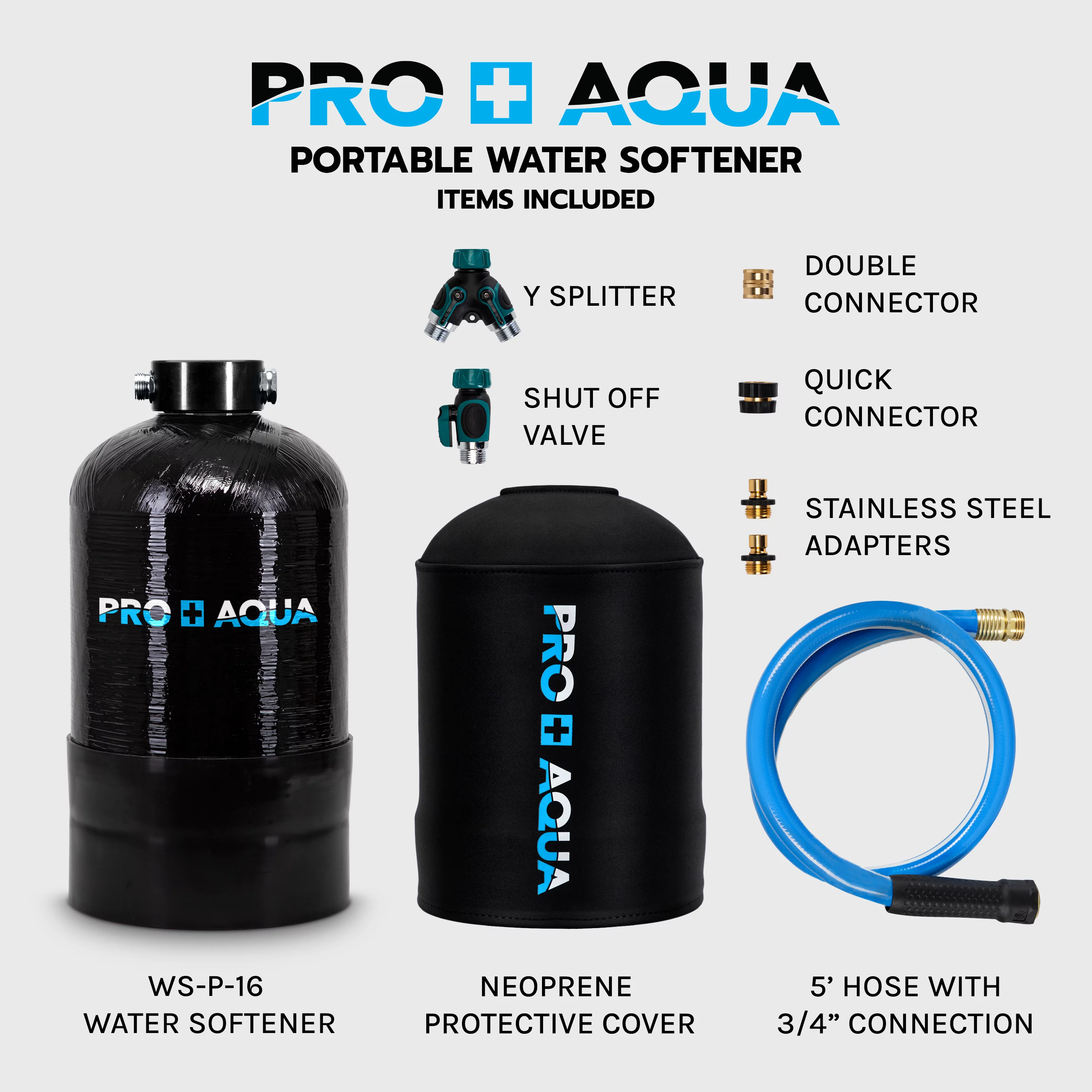 PRO+AQUA Portable RV Water Softener, 16,000 grain, Pre-filled high-capacity resin, Neoprene shield, w/ connectors