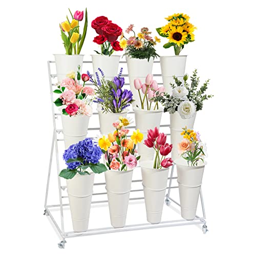 Flower Display Stand with Buckets, 3 Layers Metal Plant Stand, Moving Florist Bouquet Shelf for Fresh Flower Shop, for Patio Garden