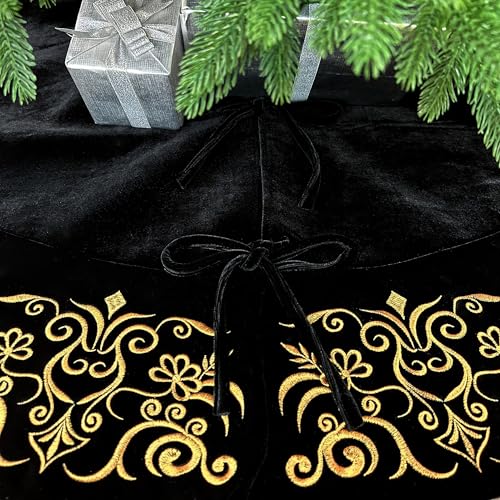 72-Inch Victorian Velvet Christmas Tree Skirt with Gold Damask Embroidery and Plush Lace Ties, Burgundy
