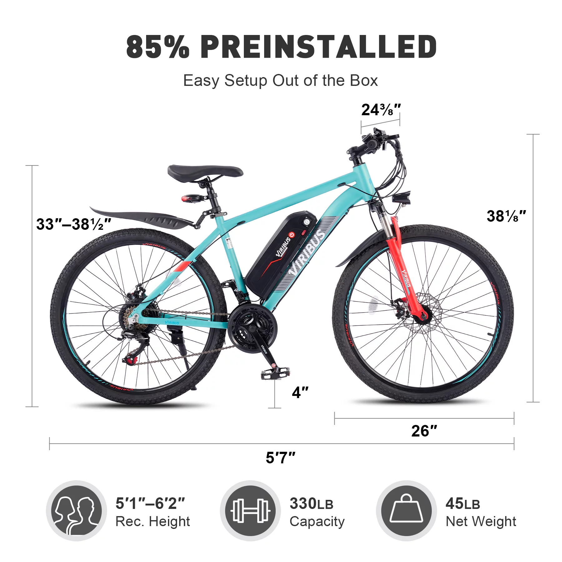 Viribus Electric Bike for Adults 26" Commuter Mountain Bike Disc Brakes 350W Motor 48V 10.4Ah Lithium, Mint