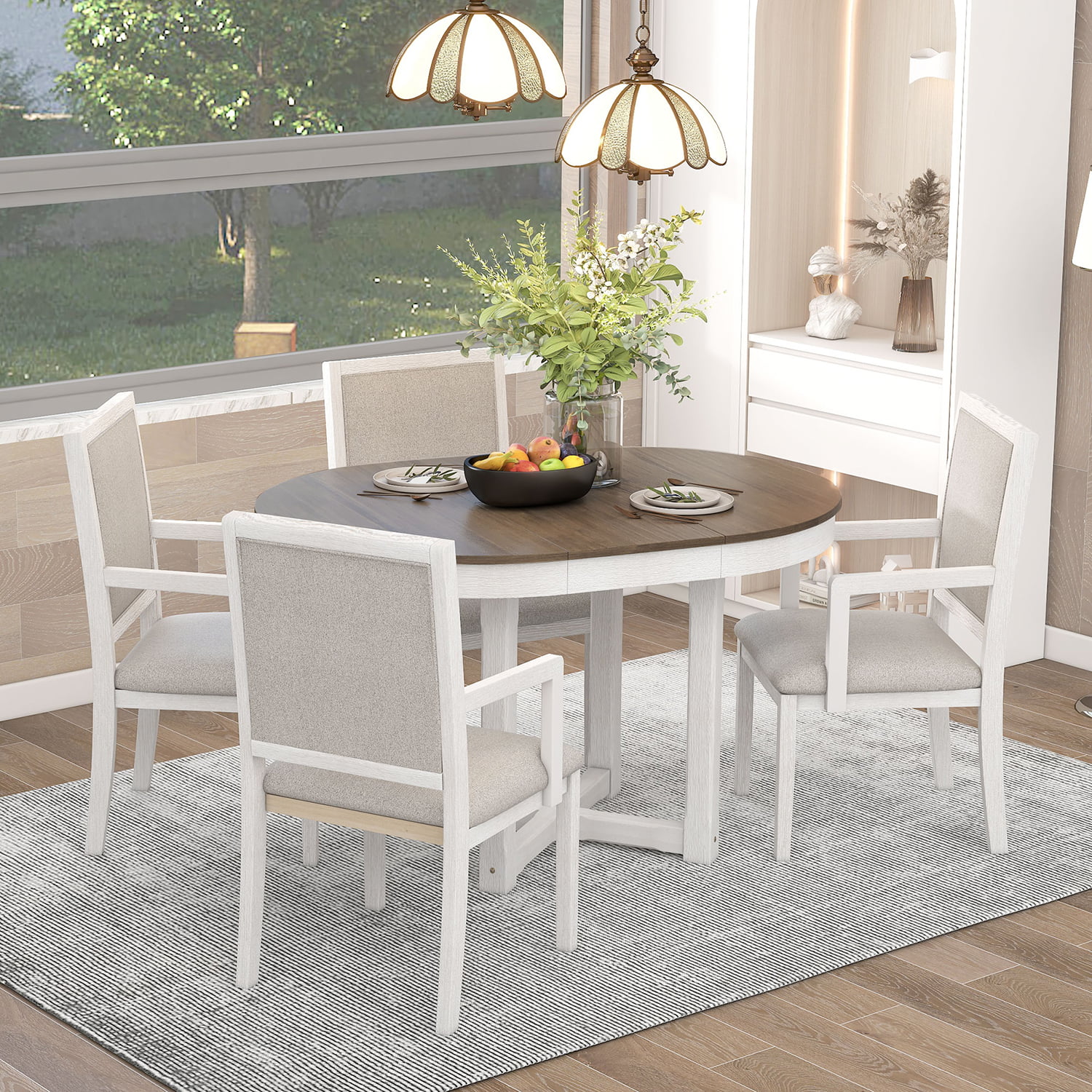 Churanty Farmhouse 5 Piece Round Dining Table Set for 4,Two Size Round to Oval Extendable Butterfly Leaf Wood Dining Table with 4 Upholstered Chairs