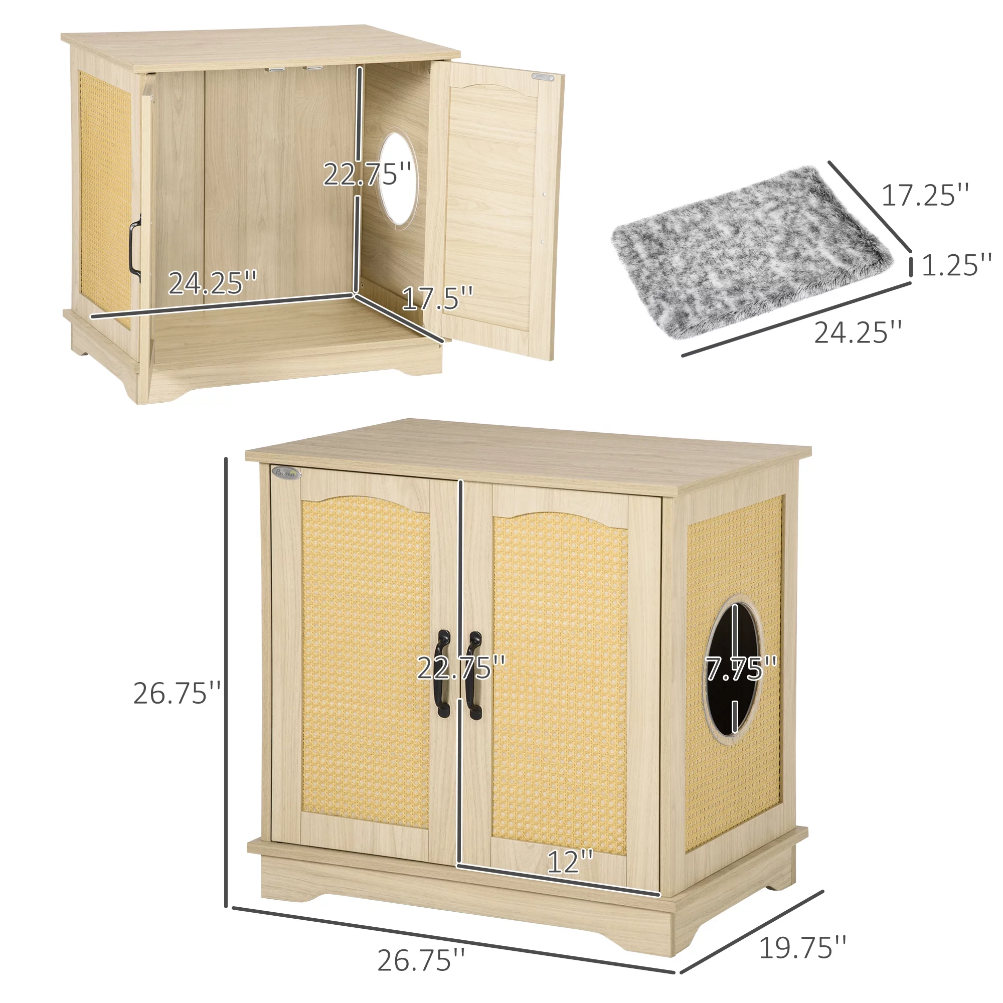 PawHut Hidden Litter Box Enclosure Cat Washroom Furniture with Cushion Double Doors Wooden Pet House End Table, Oak - Radiant Selections