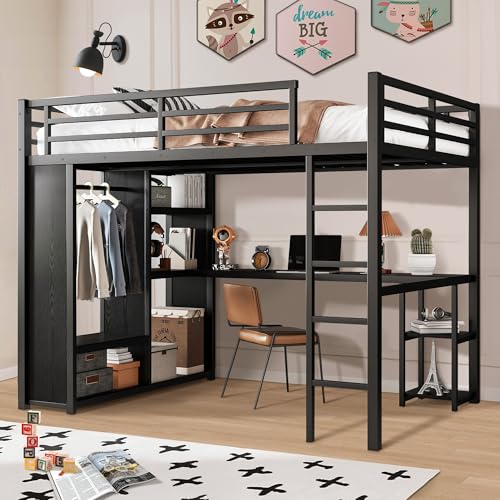 Queen Heavy Duty Metal Loft Bed with L-Shaped Desk, Wardrobe & 5 Storage Shelves – Space-Saving Design for Kids, Teens, Adults – CPC Certified
