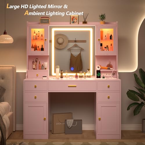 White Makeup Vanity Desk with Mirror and Lights, Large Vanity Table Set with Charging Station, Dressing Table with RGB Cabinets