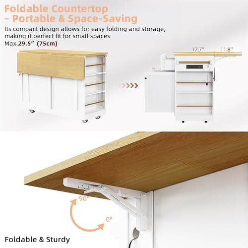 Kitchen Island with Drop Leaf & Power Outlet, Rolling Kitchen Islands Cart with 5 Open Storage Shelves & Towel Rack