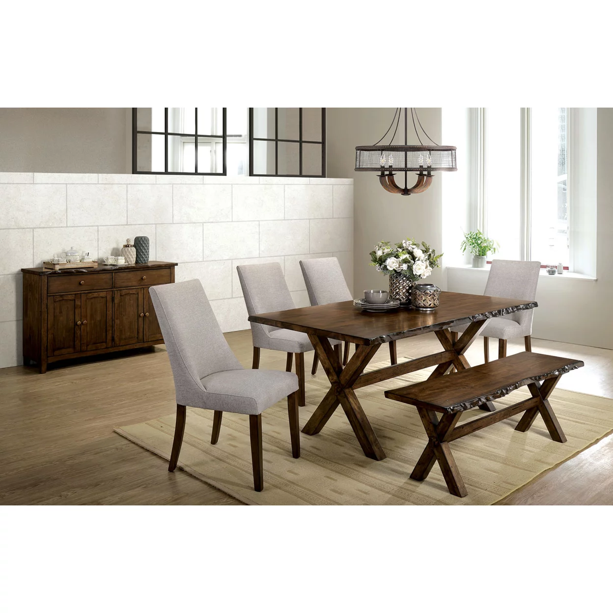 Transitional Style Solid Wood Bench with Trestle Base and Cross Legs , Brown- Saltoro Sherpi