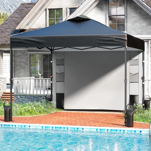 10'x10' Pop Up Canopy Tent with 1 Sidewall and 6 Pockets, One Push Setup, Instant Shade Tent with Vented Roof for Beach Patio Outdoor, Case, 8 Stakes