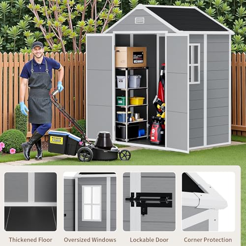 NicBex 6×5 Resin Outdoor Storage Shed with Floor & Window– All-Weather Lockable Small Tool Shed