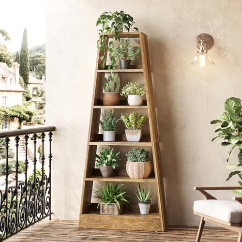 LITTLE TREE 6-Tier Bookshelf, 70.87-Inch Ladder Bookcase, Tall Standing Wooden Bookcase Display Shelf in Warm Umber Wood Finish