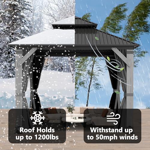12'x12' Hardtop Gazebo, Outdoor Double Roof Galvanized Steel Gazebos, Aluminum Frame Permanent Pavilion with Curtains & Netting for Backyard, Patio