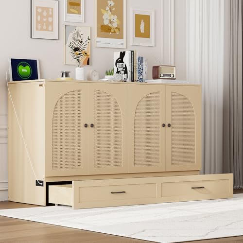 Harper & Bright Designs Queen Size Murphy Bed Cabinet Wall Bed Chest with USB, Charging Station and Large Storage Drawer for Home Office (White)