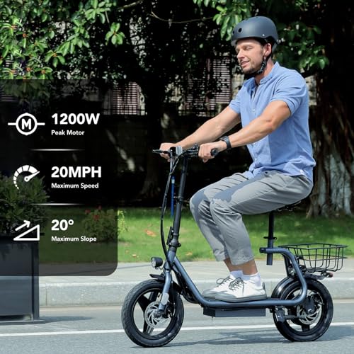 Caroma Peak 500W/800W/1200W Electric Scooter with Seat 14" Tire, 30 Miles Range 20MPH Max Speed, Foldable Electric Scooter for Adults 300 LBS Max Load