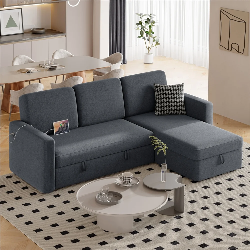 Alden Design Reversible Sectional Sleeper Sofa with USB & Type-C Ports, Light Gray